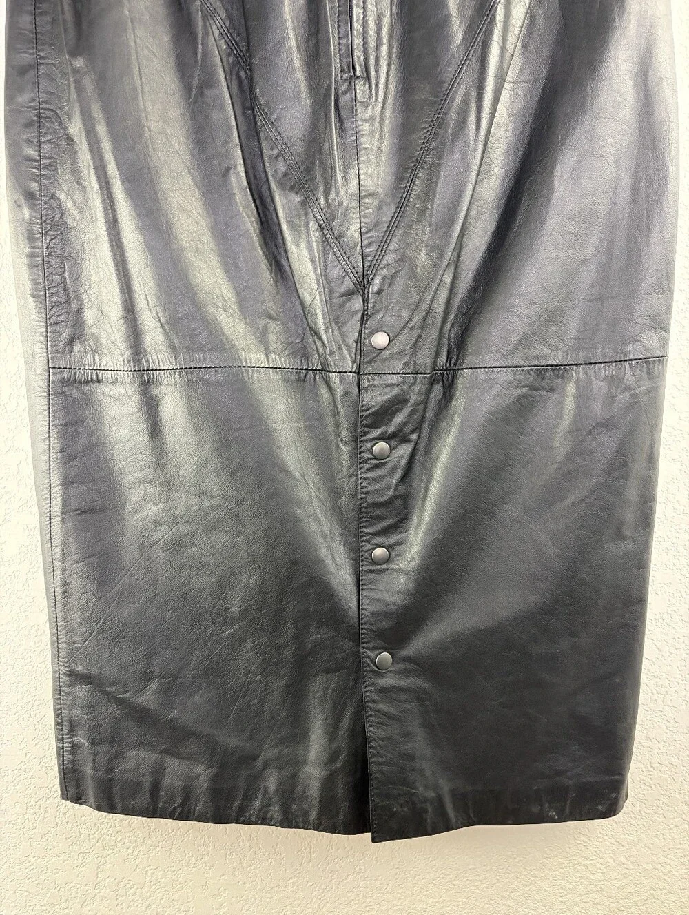 Vintage Greg Adams 80's Black Leather Button Split Skirt 13/14